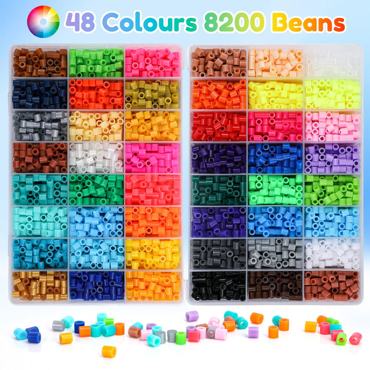 VynyQoo Fuse Beads Set, 8200pcs 5mm Iron Beads 48 Colours with Pegboards, Ironing Paper, Keyrings, Tweezers – DIY Arts and Crafts Toy for Stress Relief, Gift for Kids, Boys & Girls