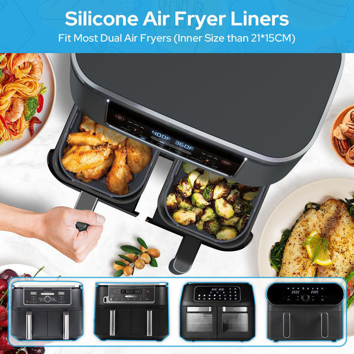 Alyvisun Air Fryer Silicone, 2PCS Reusable Dual Airfryer Accessories Liner Foldable Baking Rack Moulds Rectangular Basket Versatile Non Stick Tray (Grey)