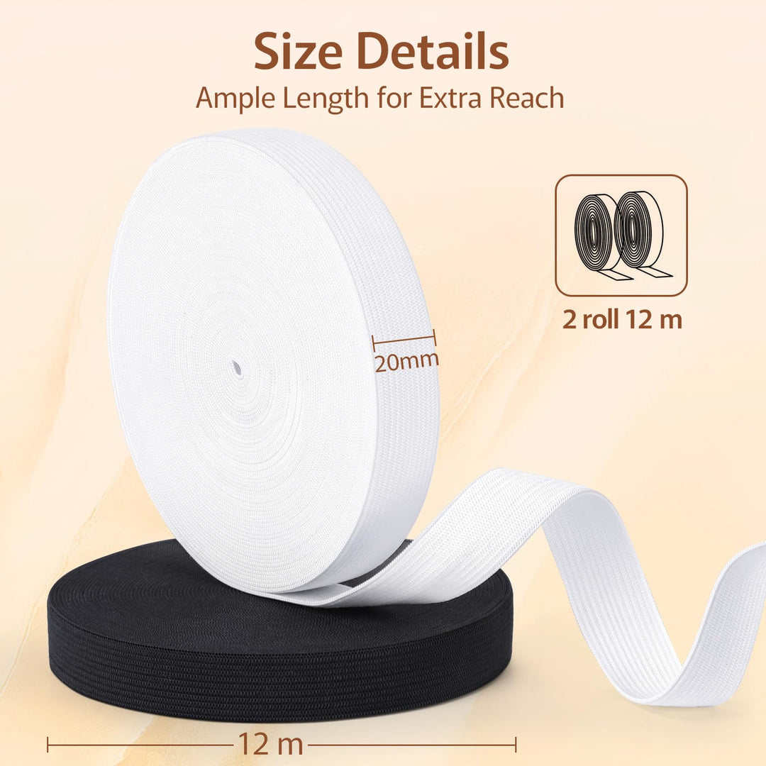 VynyQoo 20mm Elastic for Sewing, 2 Rolls 12m Long Thick Elastic Bands, White Elastic and Black Elastic for Crafts, Sewing, DIY Projects and Clothing