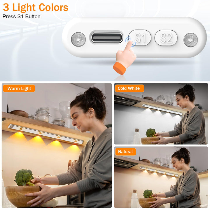 Alyvisun 60CM Rechargeable LED Under Cabinet Light [Cat Eye Hill Corrugated Illumination] with Motion Sensor– Magnetic Installation, 3 Adjustable Colour Temperatures & Stepless Dimming [Energy Class A]