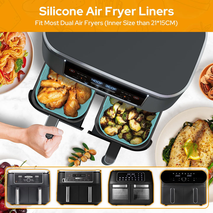 Alyvisun Air Fryer Silicone, 2PCS Reusable Dual Airfryer Accessories Liner Foldable Baking Rack Moulds Rectangular Basket Versatile Non Stick Tray (Blue)