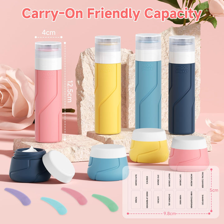 Alyvisun 14pcs Silicone Travel Bottles for Toiletries Set, 100ml Refillable Travel Bottles, 30ml Cream Jars with Scoops and Storage Bag, Leakproof Toiletry Containers for Shampoo Lotion