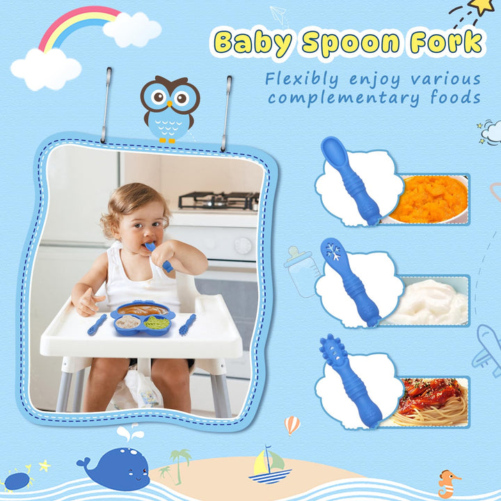 Alyvisun Owl Silicone Suction Plate for Baby, Toddler Cutlery with 3 Spoon Fork Non-Slip Weaning Bowls Feeding Divided Plates Set for High Chairs Tray (Blue)