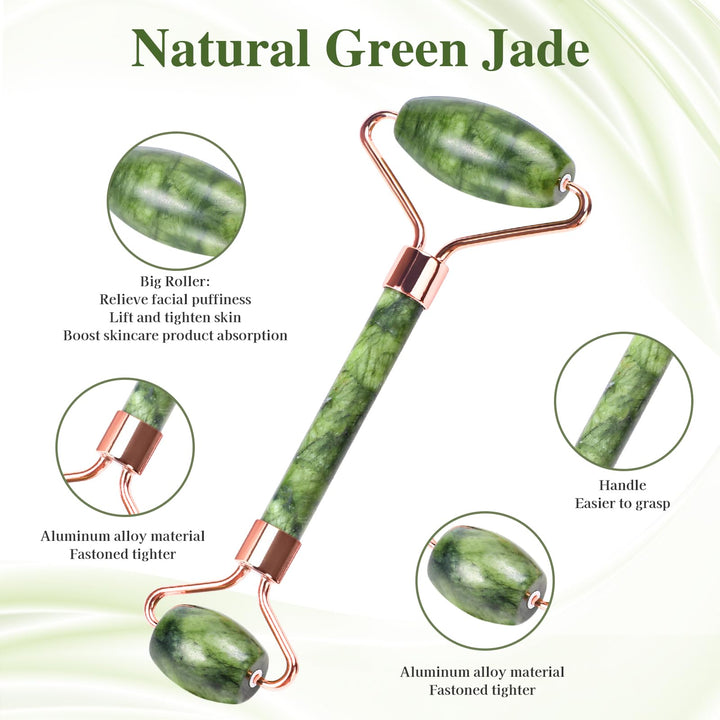 Alyvisun Natural Green Jade Gua Sha Set and Jade Roller,for Neck and Body Massage Tool, Facial Massage Board for Relieving Puffiness and Jawline Improving with User Manual, Skincare Gift for Women