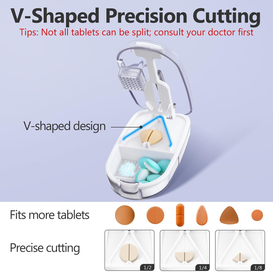 Alyvisun Pill Cutter for Small or Large Pills, Portable Pill Splitter & Tablet Cutter, V-Shaped Cutting with Grinding, Auto Slides Out Pill, Safety Blade Guard & Sliding Storage (Transparent)