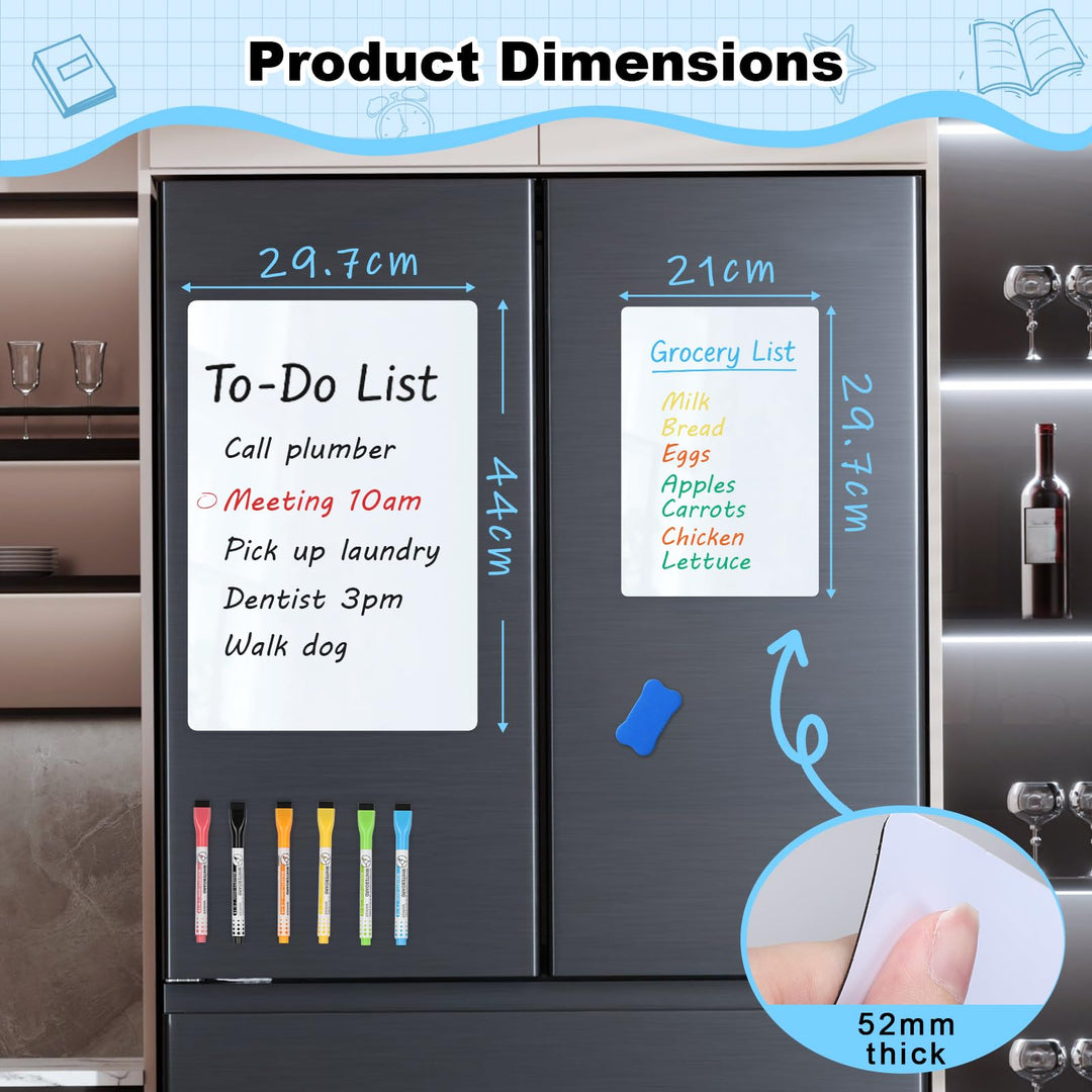 VynyQoo Magnetic Whiteboard for Fridge, 2-Pack A3 +A4 Dry Erase Magnet Boards with 6 Markers & 1 Eraser, Easy to Write and Wipe, Meal Weekly Planner for Home, Kitchen, Office, School