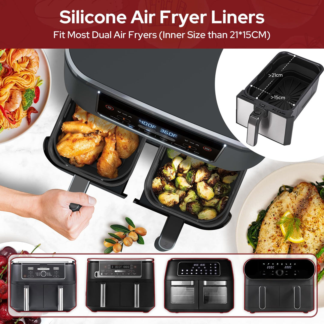 Alyvisun Air Fryer Silicone, 4PCS Reusable Dual Airfryer Accessories Liner Foldable Baking Rack Moulds Rectangular Basket Versatile Non Stick Tray (Black)