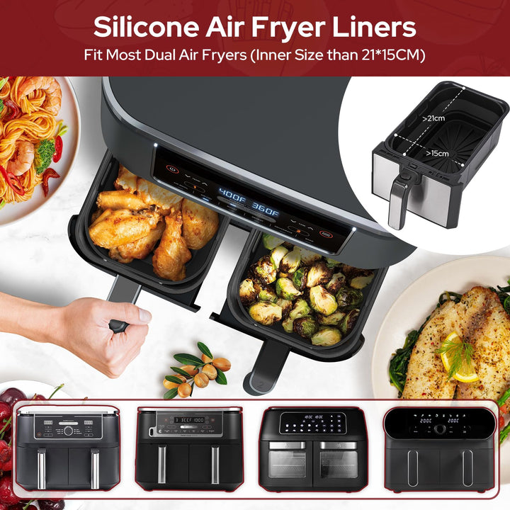 Alyvisun Air Fryer Silicone, 4PCS Reusable Dual Airfryer Accessories Liner Foldable Baking Rack Moulds Rectangular Basket Versatile Non Stick Tray (Black)