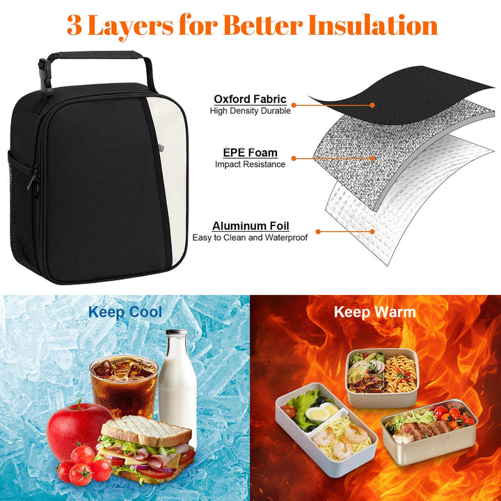 Alyvisun Insulated Lunch Bag, 7L Reusable Leakproof Lunch Box Bag for Women With Snap On Carrying Handle, For Women Men Children Outdoor Picnic Work (Black)
