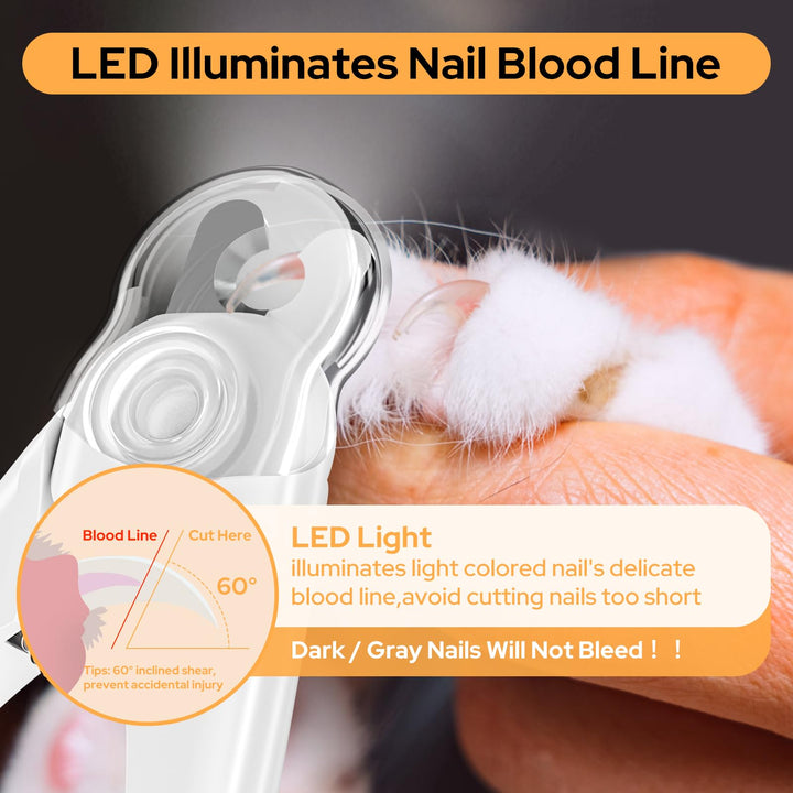 Alyvisun Dog Nail Clippers, Cat Nail Clippers with High LED Lighting, Safety Guard, Nail File and Transparent Splash Guard, for Large, Medium and Small Animals（White Orange）