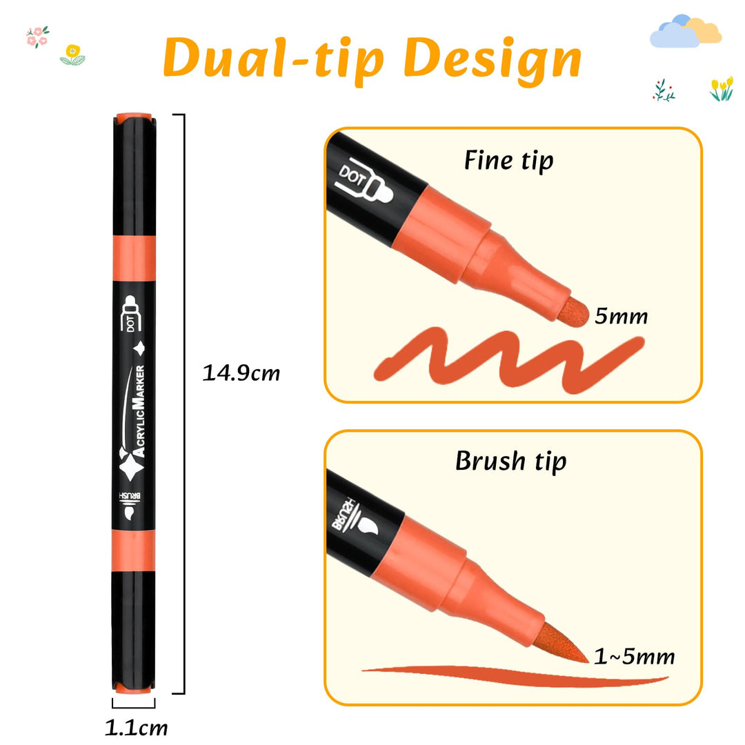 VynyQoo 36 Colours Acrylic Paint Pens Set, Dual Tip Markers, Acrylic Pens for Rock Painting with 0.5cm Extra Fine Tip, Water Based Colouring for Wood Glass Ceramic Fabric for Adults Kids