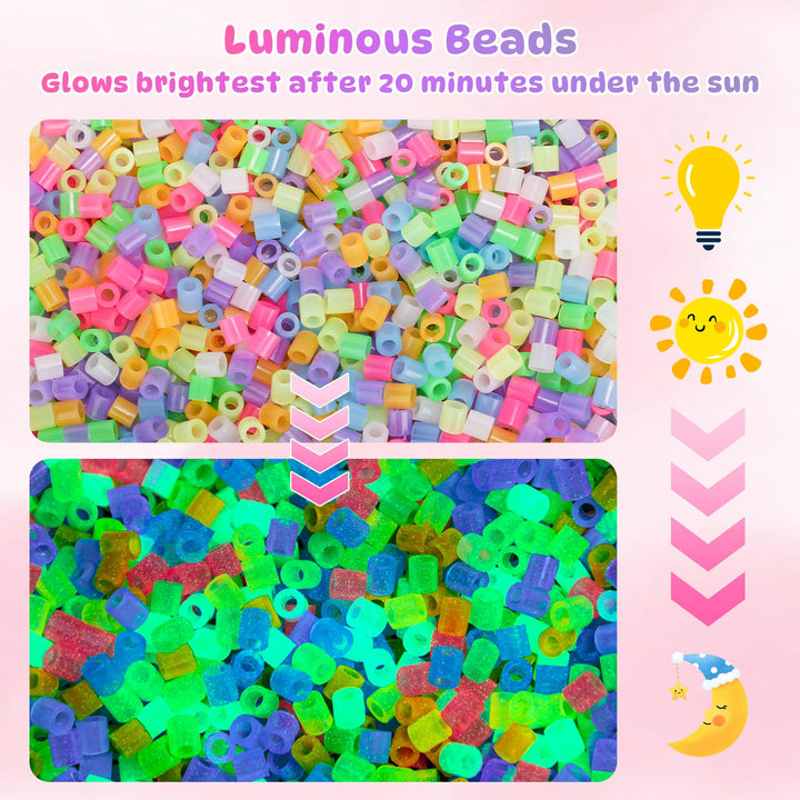 VynyQoo Luminous Fuse Beads, 3200pcs 7 Colors Glow in the Dark Beads, 5mm Iron Beads for Kids 6+DIY Hammer Beads, Arts and Crafts Gifts for Birthday, New Year, Thanksgiving