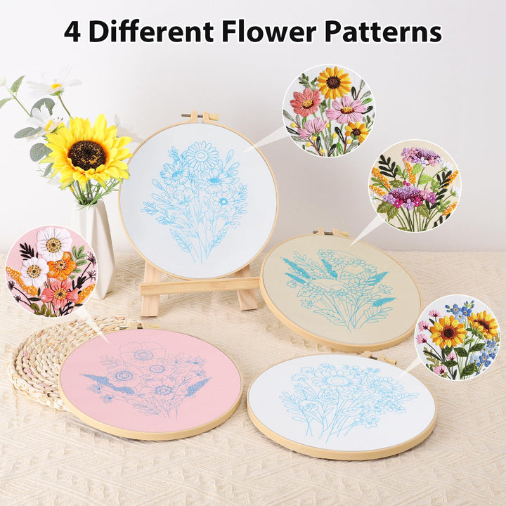 VynyQoo 4pcs Embroidery Kits Flower, Embroidery Kit for Beginners, Embroidery Starter Kit Adults, Stamped Embroidery kit with Flower Pattern, DIY Craft Embroidery with Video Tutorial Instruction