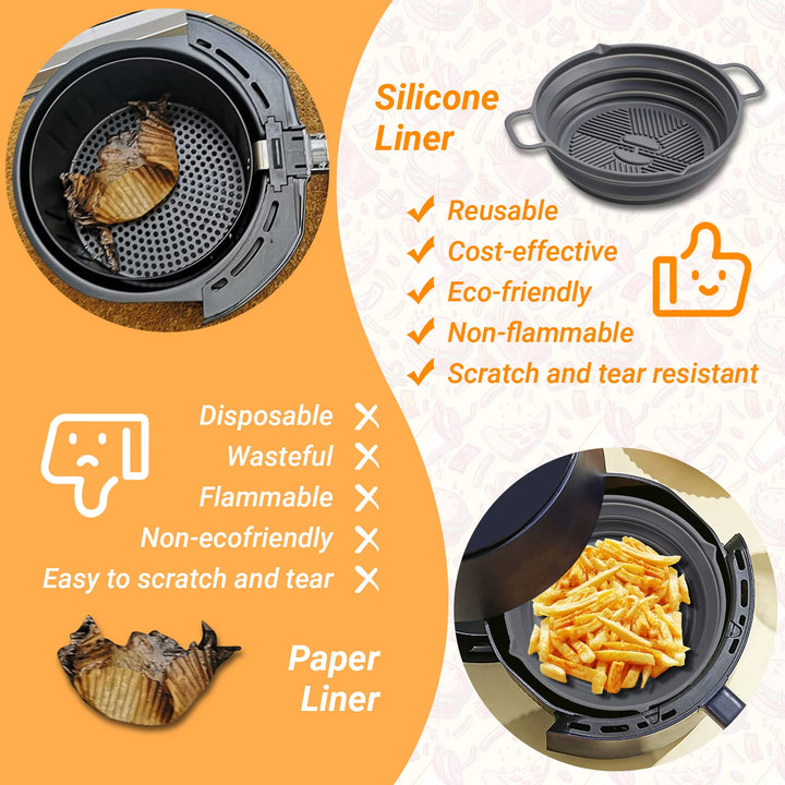 Alyvisun Air Fryer Liner Silicone Reusable Airfryer Basket Foldable Kitchen Pot Accessories Versatile Round Baking Pan for Microwave, Oven (Grey)