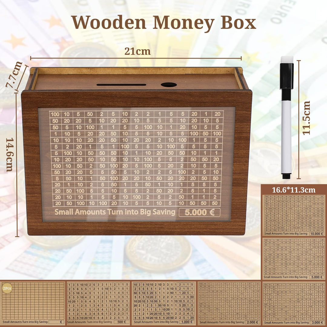 Alyvisun Wooden Stickers, Piggy 5000 Pound, Reusable Box with Counter Money Challenge Saving Bank Coin Cash Jar for Kids Adults 500-10000 DIY Target, Brown, One Size