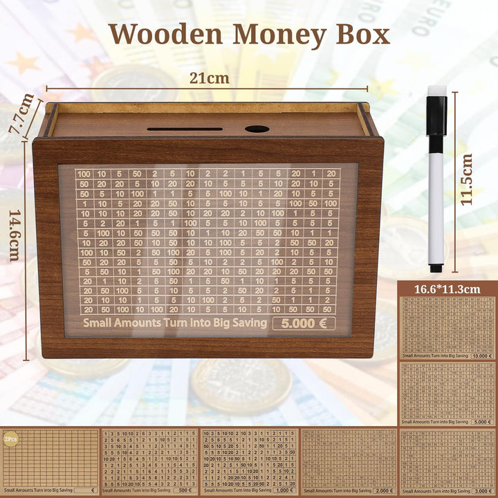 Alyvisun Wooden Stickers, Piggy 5000 Pound, Reusable Box with Counter Money Challenge Saving Bank Coin Cash Jar for Kids Adults 500-10000 DIY Target, Brown, One Size