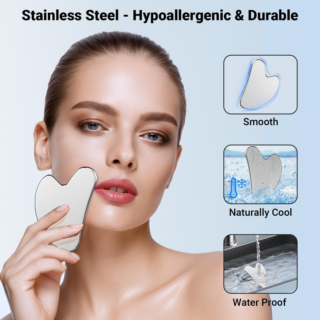 Alyvisun Gua Sha Stainless Steel, Gua Sha Tool Skin Depuffing, Cold Uplift Facial Massage Board with Carrying Bag & Cleaning Cloth for Whole Body