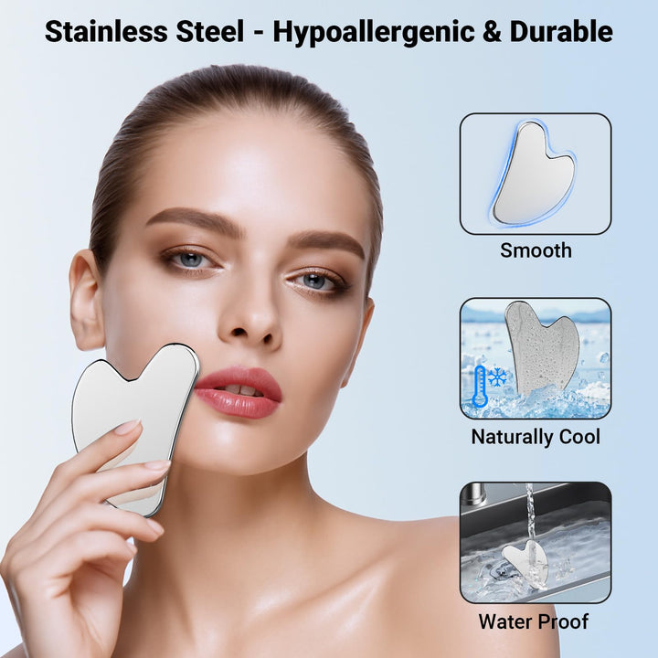 Alyvisun Gua Sha Stainless Steel, Gua Sha Tool Skin Depuffing, Cold Uplift Facial Massage Board with Carrying Bag & Cleaning Cloth for Whole Body