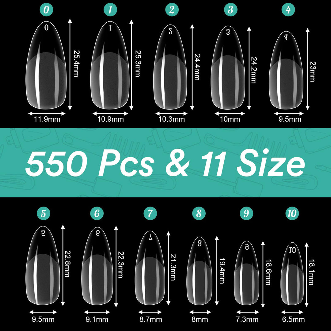 Alyvisun Acrylic Fake Press On Nail Tips, 550 Pcs Clear False Nails Kit in 11 Sizes with 240 Pcs Soft Gel Nail Stickers Set, Full Cover Half Matte