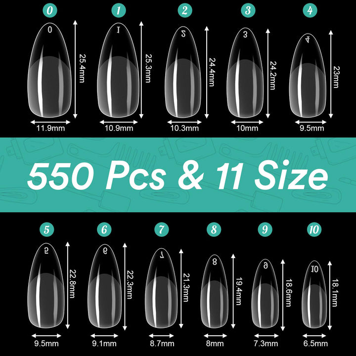 Alyvisun Acrylic Fake Press On Nail Tips, 550 Pcs Clear False Nails Kit in 11 Sizes with 240 Pcs Soft Gel Nail Stickers Set, Full Cover Half Matte