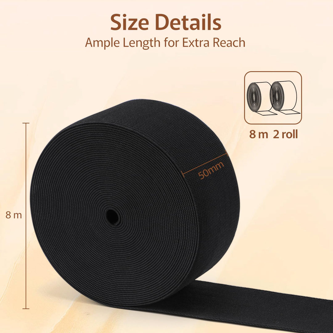 VynyQoo 50mm Wide Elastic for Sewing, 2 Rolls 8m Long Thick Elastic Bands, White Elastic and Wide Elastic for Crafts, Sewing, DIY Projects and Clothing