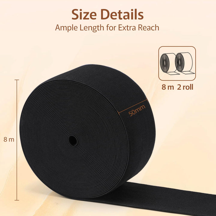 VynyQoo 50mm Wide Elastic for Sewing, 2 Rolls 8m Long Thick Elastic Bands, White Elastic and Wide Elastic for Crafts, Sewing, DIY Projects and Clothing