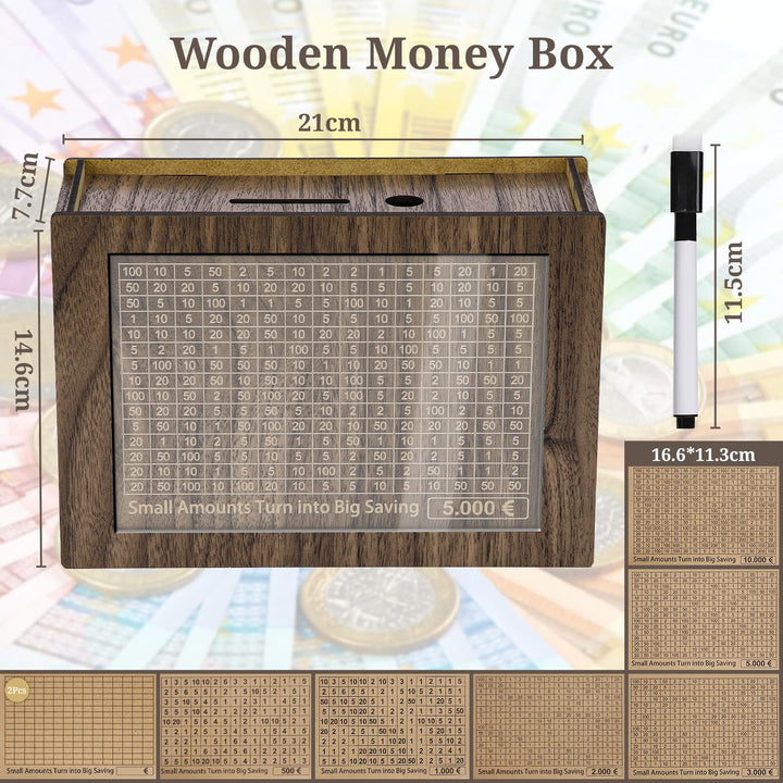 Alyvisun Wooden Stickers, Piggy 5000 Pound, Reusable Box with Counter Money Challenge Saving Bank Coin Cash Jar for Kids Adults 500-10000 DIY Target, Black Walnut, One Sizedults 500-10000 DIY Target, Brown, One Size