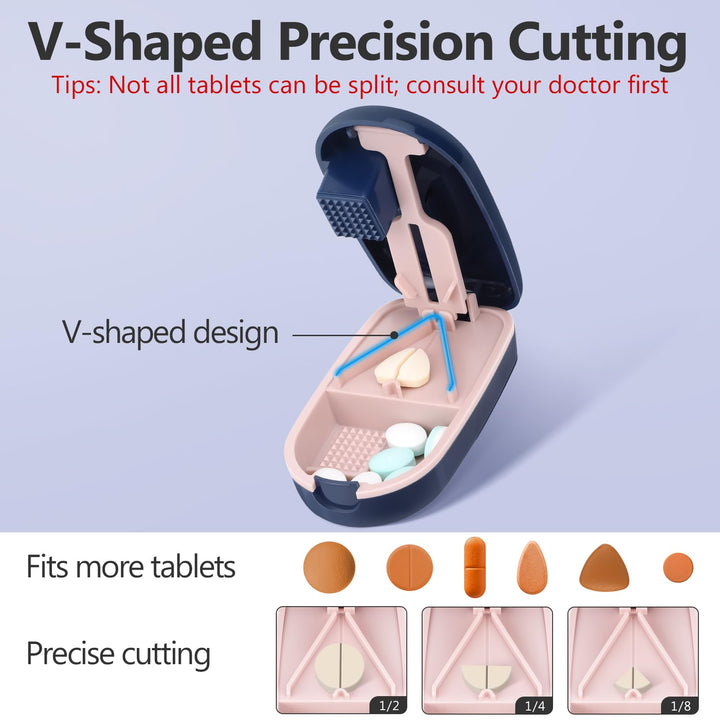 Alyvisun Pill Cutter for Small or Large Pills, Portable Pill Splitter & Tablet Cutter, V-Shaped Cutting with Grinding, Auto Slides Out Pill, Safety Blade Guard & Sliding Storage (Blue)