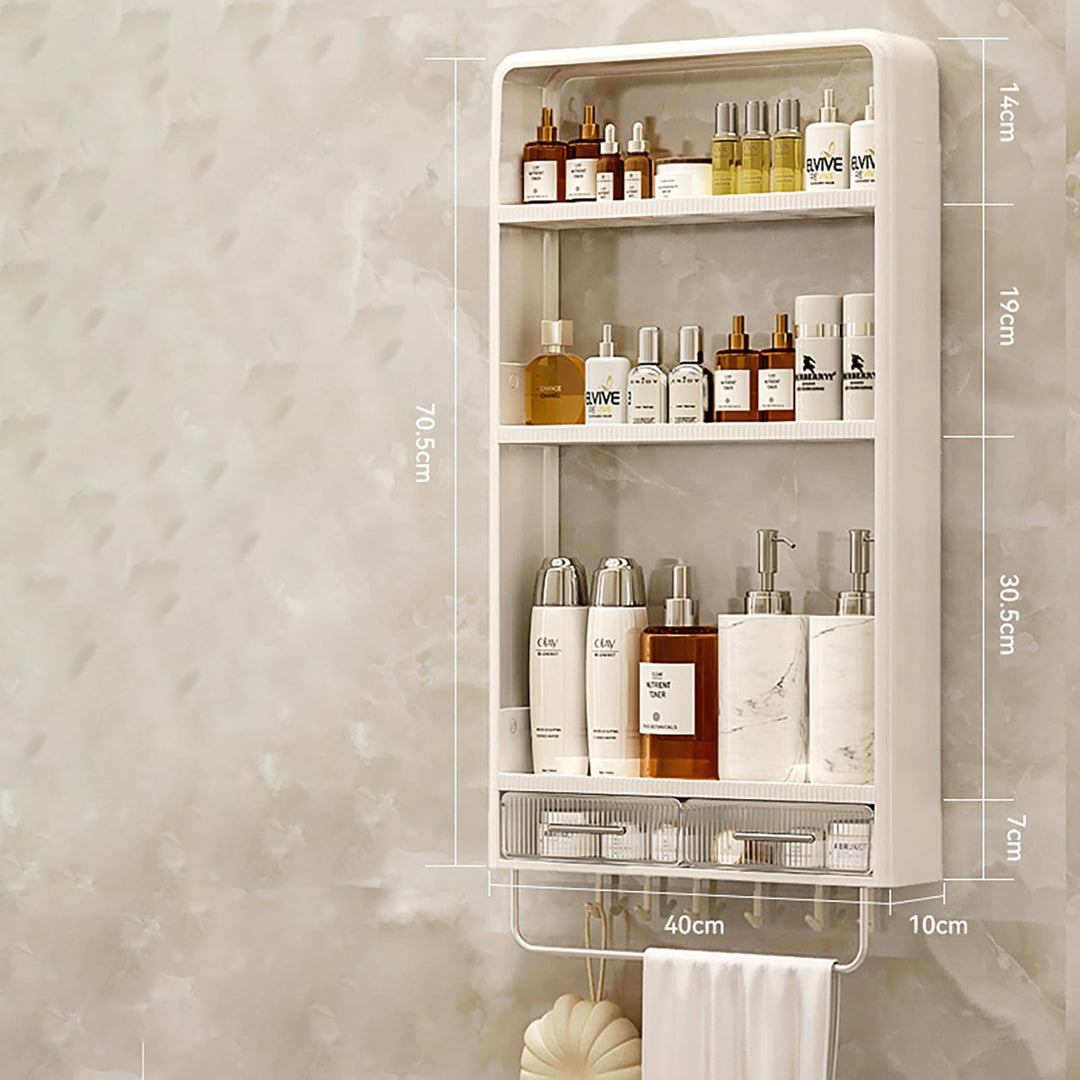 No Drilling Adhesive Wall Mounted Storage Rack, with 6 Hooks,Drawer and Towel Railbathroom Organiser for Kirchen Or Restroom