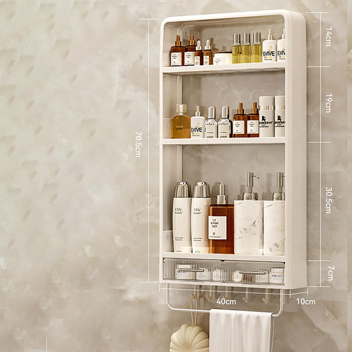 No Drilling Adhesive Wall Mounted Storage Rack, with 6 Hooks,Drawer and Towel Railbathroom Organiser for Kirchen Or Restroom