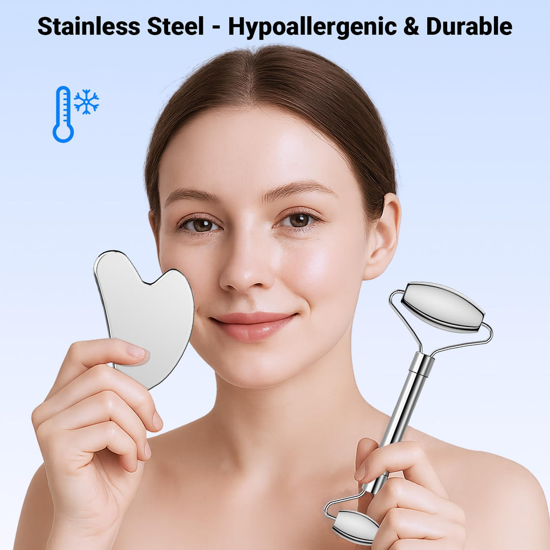 Alyvisun Gua Sha Set, Gua Sha Board & Face Roller Stainless Steel, Gua Sha Tool Skin Depuffing, Cold Uplift Facial Massage Beauty Device with Carrying Bag & Cleaning Cloth Gifts for Women
