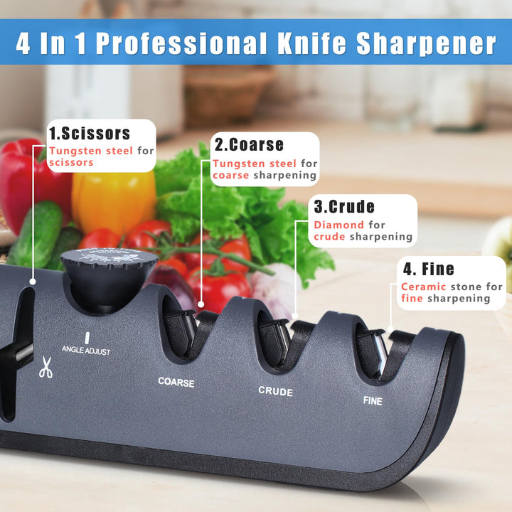 Alyvisun Kitchen Knife Sharpener, Manual 4 in 1, Ergonomic Handle, Non-Slip Base (Black)