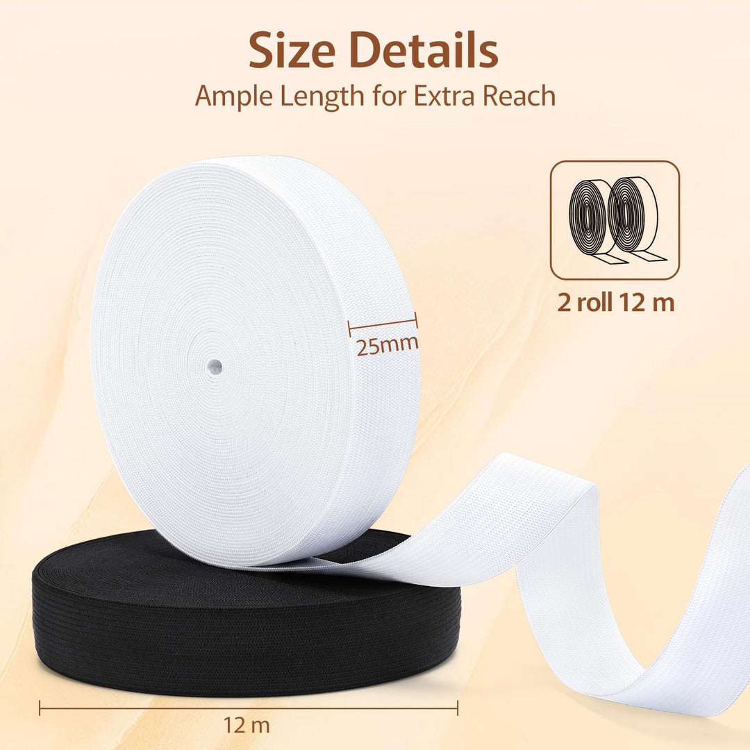 VynyQoo 25mm Elastic for Sewing, 2 Rolls 12m Long Thick Elastic Bands, White Elastic and Black Elastic for Crafts, Sewing, DIY Projects and Clothing