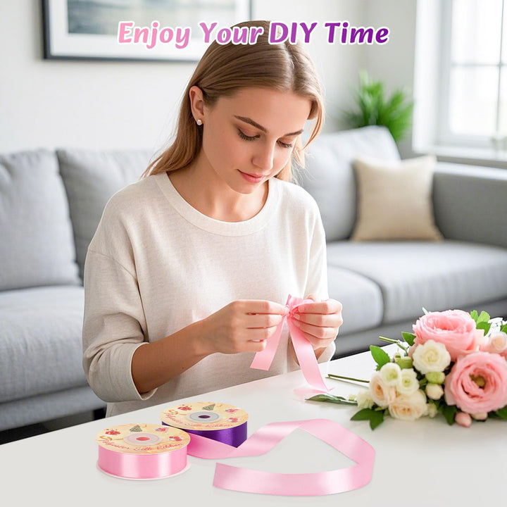 VynyQoo 2 Rolls 20mm Satin Ribbon Wide, Pink and Purple Gift Wrap Ribbon, 22M Single Sided Ribbons for Gift Wrapping, Gift Wrapping Ribbon for Crafting, Wedding Party,Cake Wrapping Decorations