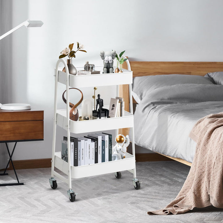 3 Tier Metal Rolling Cart with Handle and Lockable Wheel, Multifunctional Utility Cart on Wheel, Heavy Duty Storage Cart with Handle (White)