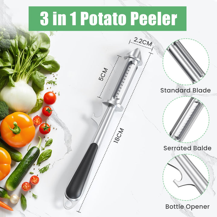 Alyvisun Universal Potato Peeler for Kitchen, 3 in 1 Peeler/Julienne Slicer/Bottle Opener, Sharp Vegetable and Fruit Peeler with Swivel Blade and Ergonomic Handle, Zinc Alloy