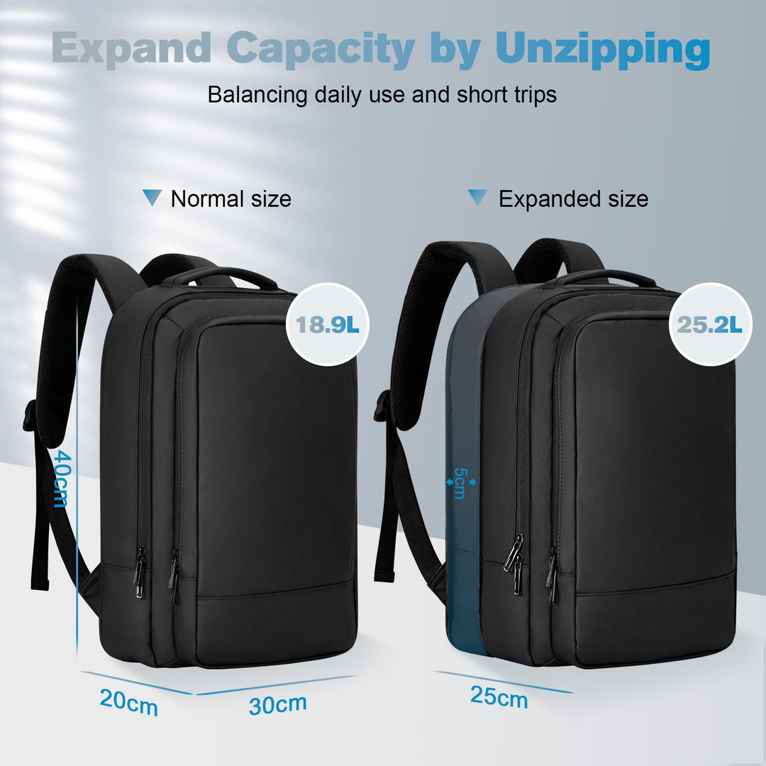 Alyvisun Airline Cabin Bag 42x30x20, Expandable Travel Backpack 18.9-25.2 L, Hand Luggage Rucksack with Laptop Compartment and Shoe Bag, for Boarding, Working, Travel, Black