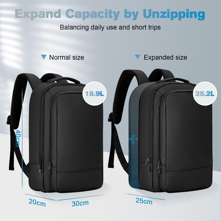 Alyvisun Airline Cabin Bag 42x30x20, Expandable Travel Backpack 18.9-25.2 L, Hand Luggage Rucksack with Laptop Compartment and Shoe Bag, for Boarding, Working, Travel, Black