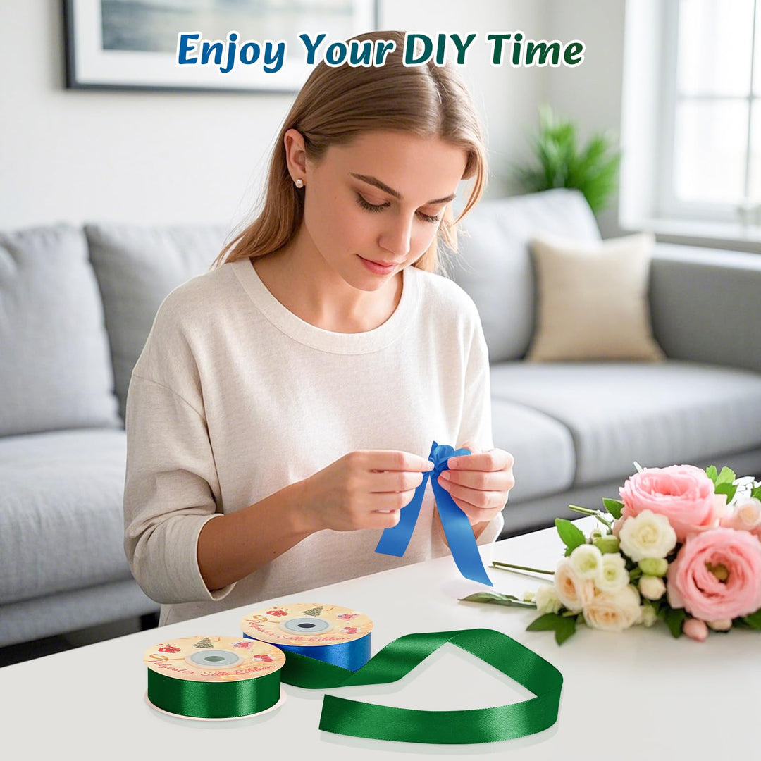 VynyQoo 2 Rolls 20mm Satin Ribbon Wide, Blue and Green Gift Wrap Ribbon, 22M Single Sided Ribbons for Gift Wrapping, Gift Wrapping Ribbon for Crafting, Wedding Party,Cake Wrapping Decorations