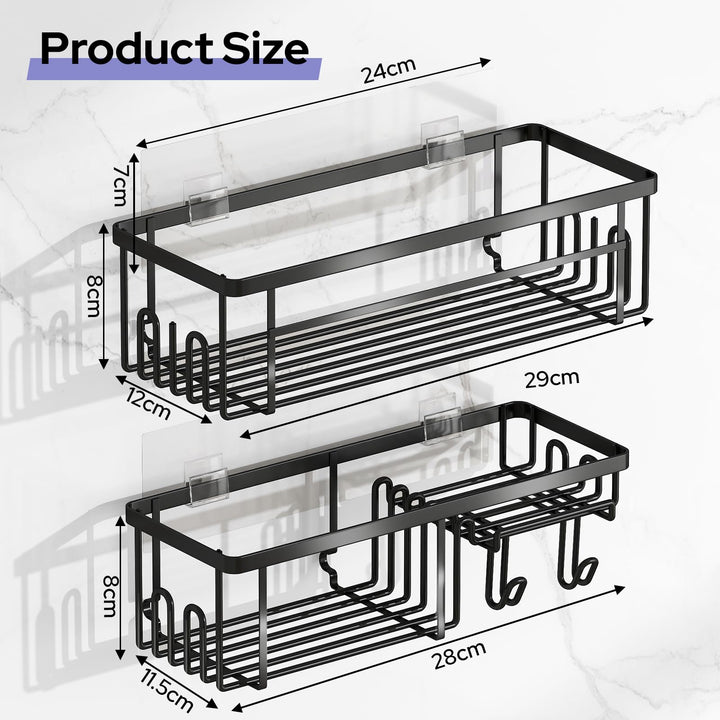 Alyvisun 2 Pack Large Capacity Shower Caddy with Strong Adhesive & Load Bearing, Stainless Steel Bathroom Shelves with Soap Holder and Hooks, Rustproof Shower Storage Caddy No Drilling