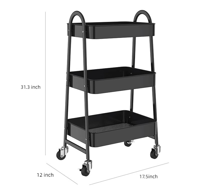 3 Tier Metal Rolling Cart with Handle and Lockable Wheel, Multifunctional Utility Cart on Wheel, Heavy Duty Storage Cart with Handle(Black)