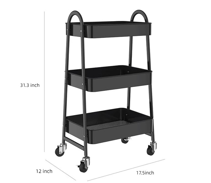 3 Tier Metal Rolling Cart with Handle and Lockable Wheel, Multifunctional Utility Cart on Wheel, Heavy Duty Storage Cart with Handle(Black)