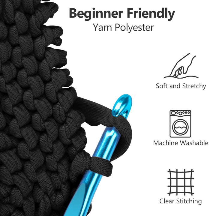 VynyQoo Tshirt Yarn for Crocheting, Crochet Yarn 105m 300g, Chunky Knitting Yarn, Width 2cm Elastic T-Shirt Yarn for Beginners to Crochet Bag, Blanket, Basket, DIY Projects, Home Decor (Black)
