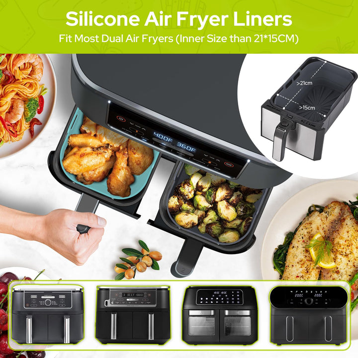 Alyvisun Air Fryer Silicone, 4PCS Reusable Dual Airfryer Accessories Liner Foldable Baking Rack Moulds Rectangular Basket Versatile Non Stick Tray (Blue+Grey)