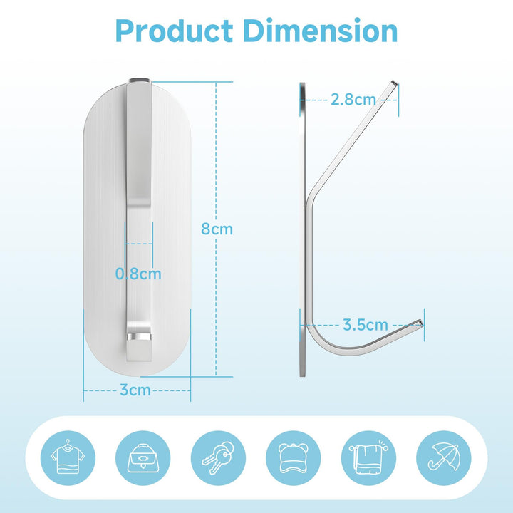 Alyvisun 5Pcs Self Adhesive Hooks, Stainless Steel Stick On Wall Hanging Hooks Heavy Duty, Strong Adhesive Sticky Hooks for Bathroom, Kitchen, Cupboard, Back of Door (Silver)