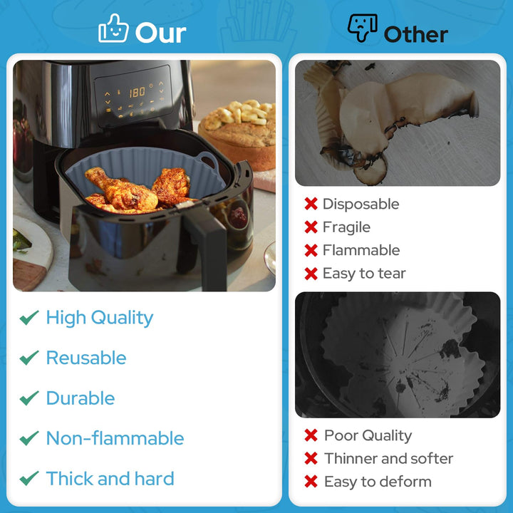Alyvisun Air Fryer Silicone Liners, 2PCS Reusable Airfryer Basket Baking Tray Inserts Versatile Round Rack Pot for Microwave, Oven, Grey+Blue