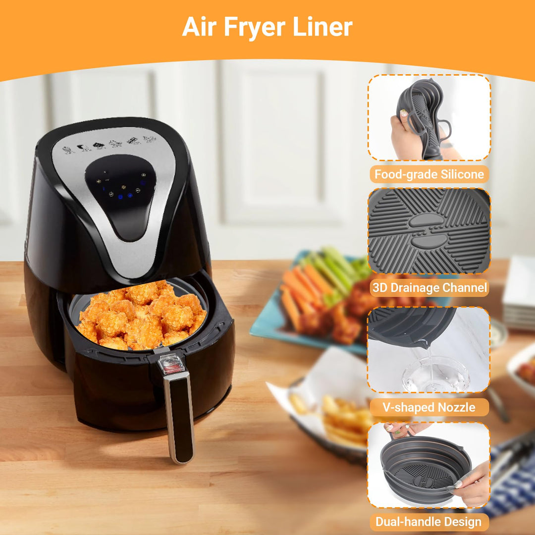 Alyvisun Air Fryer Liner Silicone Reusable Airfryer Basket Foldable Kitchen Pot Accessories Versatile Round Baking Pan for Microwave, Oven (Grey)