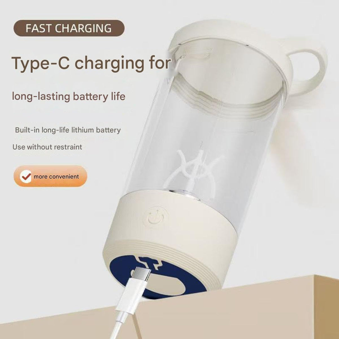 Electric Protein Shaker Bottle with USB Charging, Clear Glass with White Lid, 400ml Capacity, Portable Blender Cup with Measurement Markings