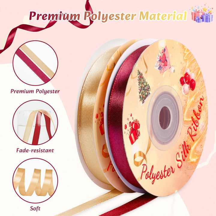 VynyQoo 2 Rolls 10mm Satin Ribbon Wide, Red and Gold Gift Wrap Ribbon, 22M Single Sided Ribbons for Gift Wrapping, Gift Wrapping Ribbon for Crafting, Wedding Party,Cake Wrapping Decorations