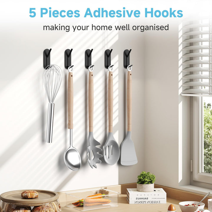 Alyvisun 5Pcs Self Adhesive Hooks, Stainless Steel Stick On Wall Hanging Hooks Heavy Duty, Strong Adhesive Sticky Hooks for Bathroom, Kitchen, Cupboard, Back of Door (Black)